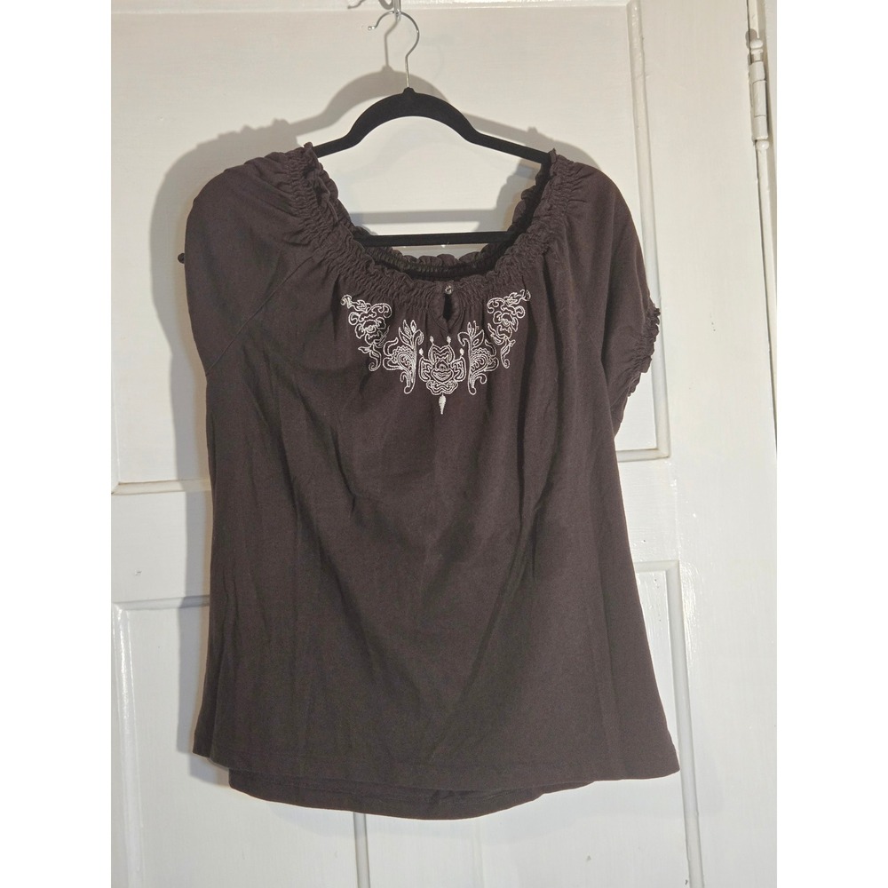 Faded Glory Brown Embroidered Peasant Top Short Puff Sleeve Boho Blouse L 12-14